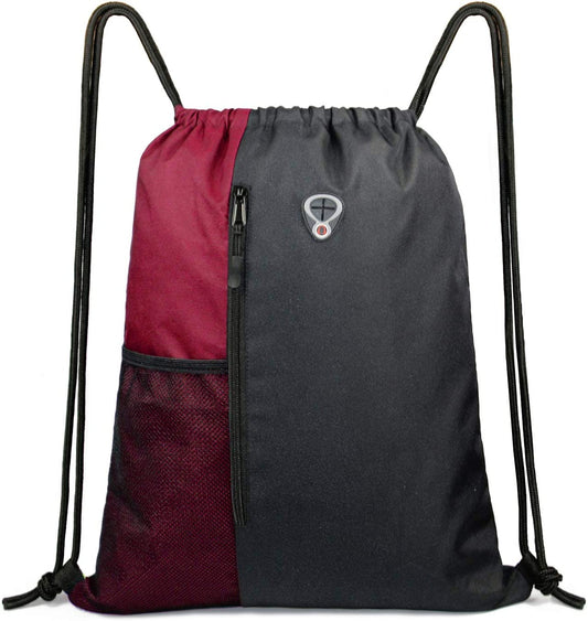 Maroon Drawstring Backpack Sports Gym Bag for Women Men Large String Backpack with Zipper and Water Bottle Mesh Pockets Cinch Sack Workout Bag, 16" X 20"